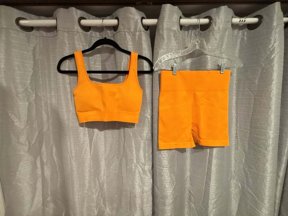 Unbranded Ribbed Workout Set Size L Orange Sports Bra Biker Shorts